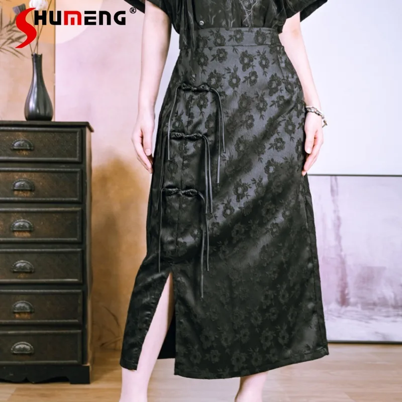 

New Chinese Jacquard Skirt For Women's Clothes 2024 New Summer National Style Slit Slim-Fitting Cool Long Skirts Black Color