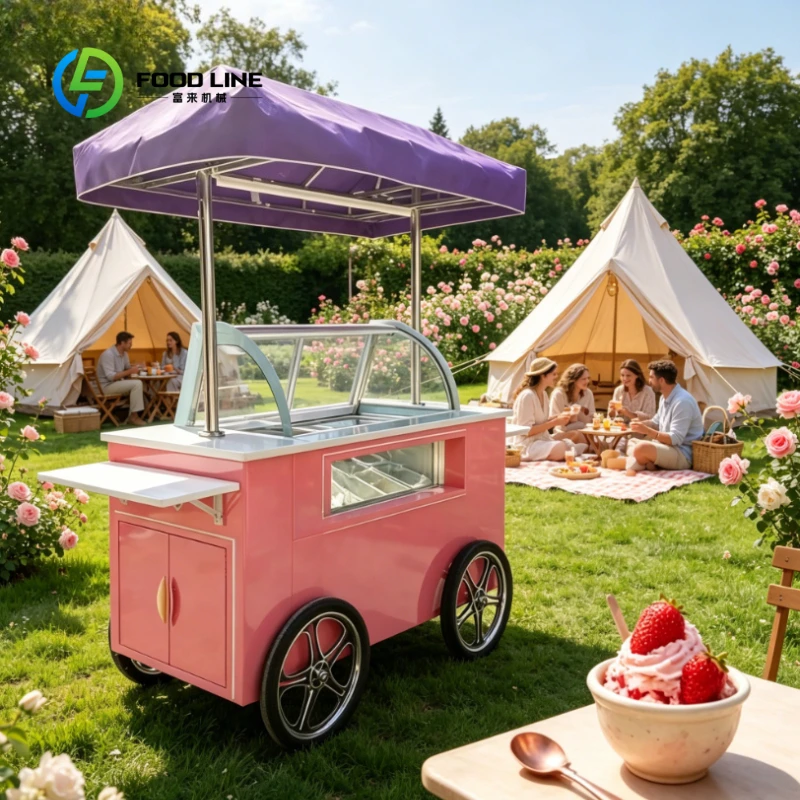 Customized Mobile Ice Cream Gelato Hand Push Cart Display Freezer Stainless Steel Fast Food Stand 4-Wheel Outdoor Events