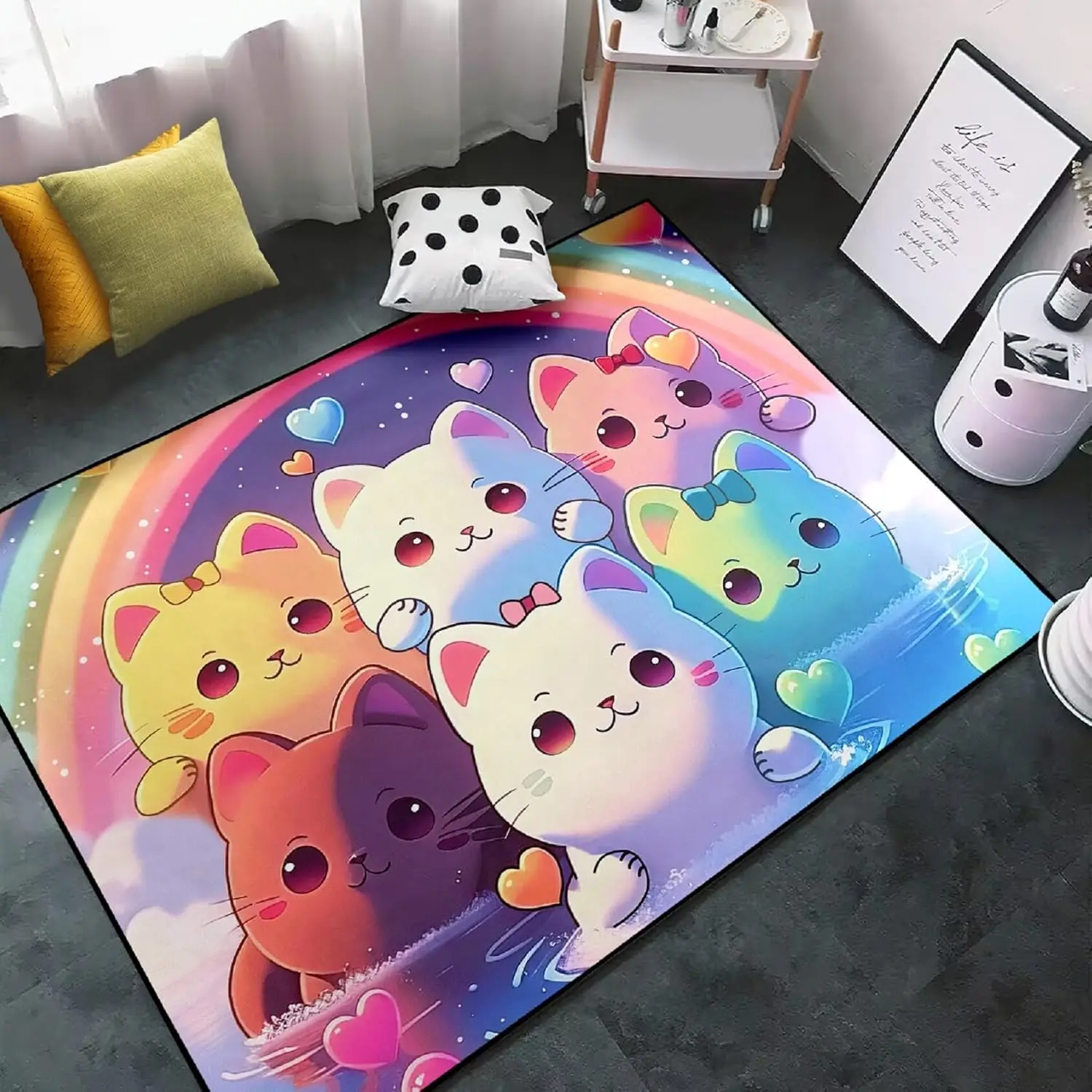 Tapis de sol doux antidérapant pour chambre d'enfant et salle de jeux, motif chat arc-en-ciel de dessin animé mignon avec chatons et cœurs colorés