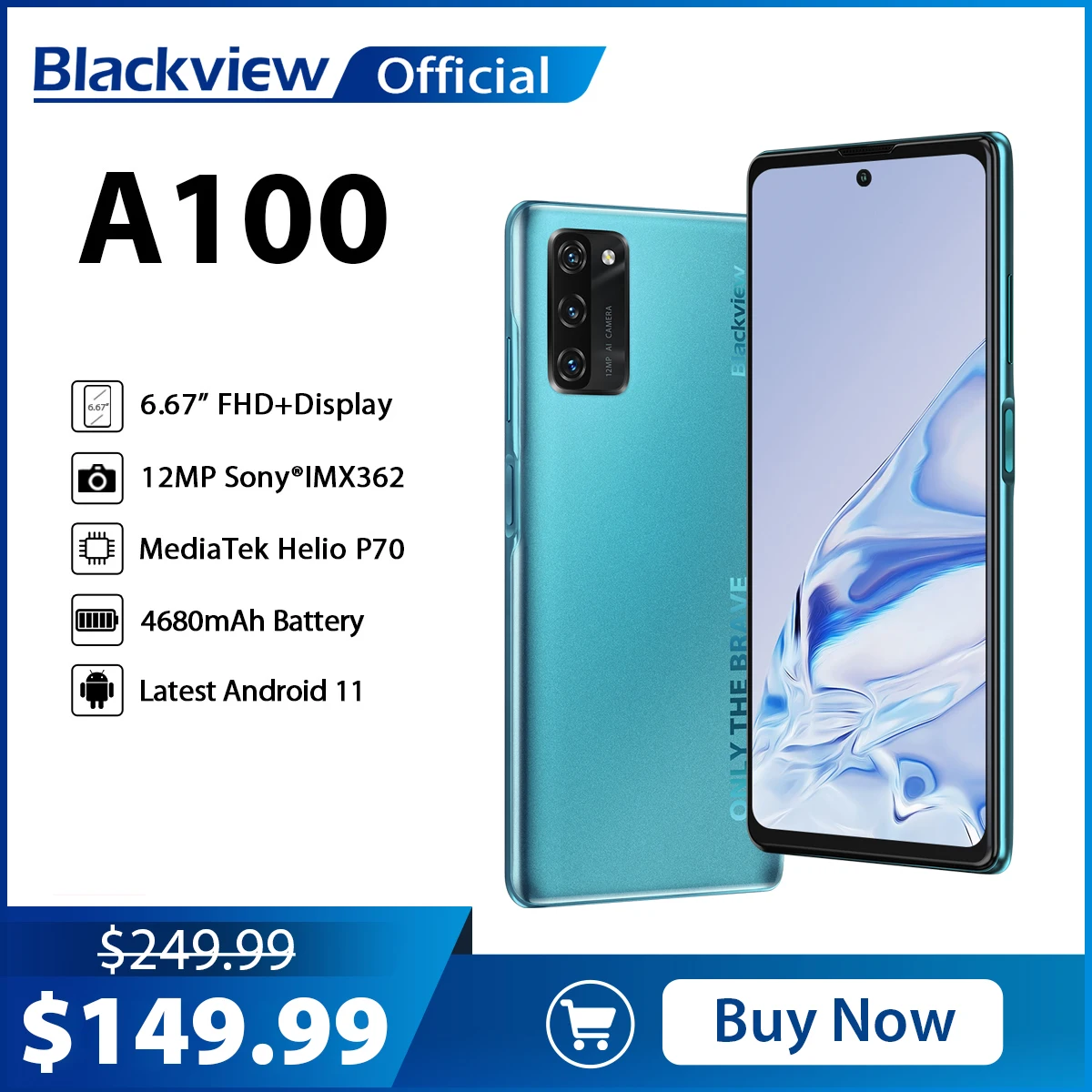 Blackview A100 Helio P70 안드로이드 11 스마트폰, 6GB + 128GB, 6.67 인치 4680mAh 휴대폰, NFC 셀룰러 4G LTE 휴대폰