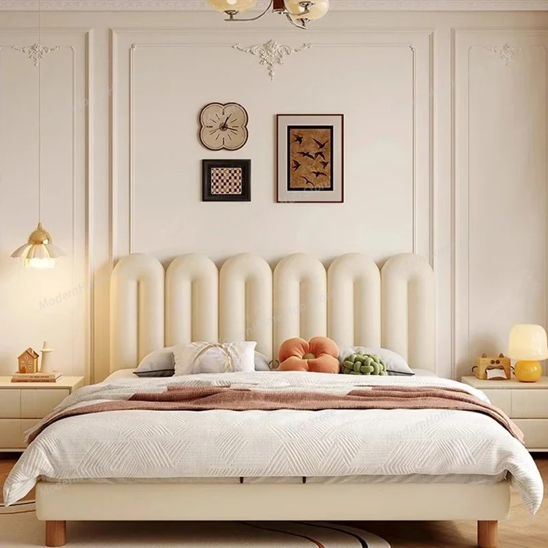 

White Cream Bed Cheap Comfortable Trendy Unique Soft Sun Design Wooden Floating Bed Space Saving Cama Salon Furniture Double