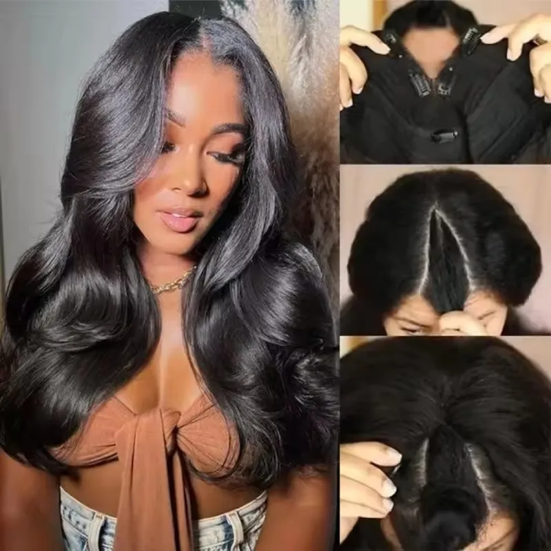 

200 Плотность Объемная волна Индийские 100% человеческие волосы 1x4 U-образная часть/V-образный парик Натуральная черная свободная волна # 2 темно-коричневых парика на каждый день, полноценные