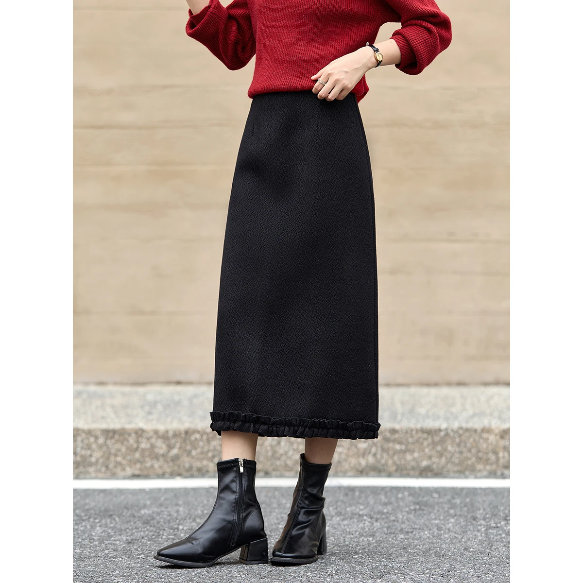 

VIMLY Women's Black Midi Skirt 2025 Winter Casual Spliced Ruffled Hem Straight Skirts Elegant Textured Long Female Skirt A3129