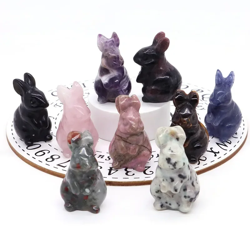 Gembaby Rabbit Natural Crystal Amethyst Quartz Agate Bunny Animal Craft Figurines Stone Carving Healing Reiki Home Decor Gift