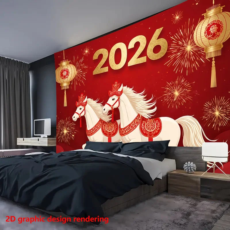 Vibrant Chinese New Year Wall Mural Backdrop Red Dragons Horses 2026 Festive Decor for Bedroom Living Room