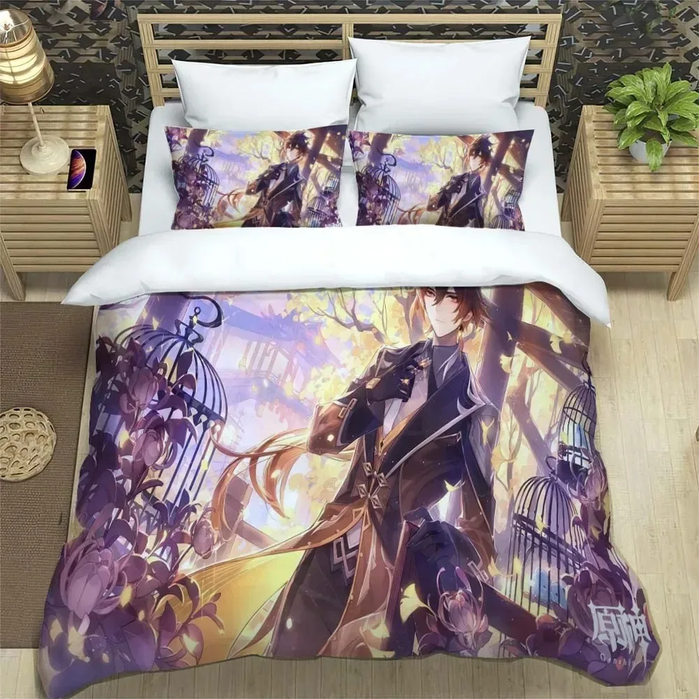 Genshin Digital Printed Polyester Bedding Set for Boys and Girls Three Piece Comfortable Soft Couple Gift bedding set