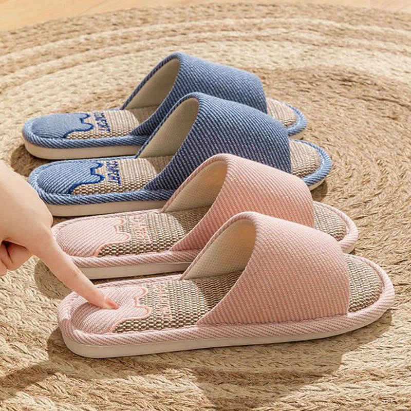 Women Linen Slippers Four Seasons Women Indoor Sandals Adults Cartoon Slides Couples Open toed Breathable Home Shoes image 2