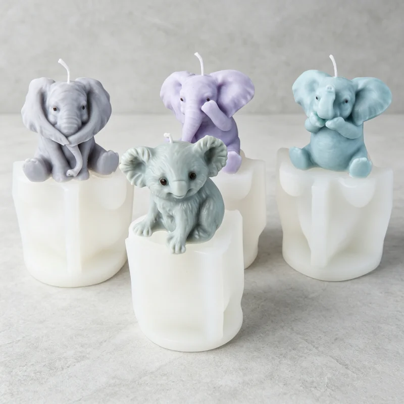 3D Cute Baby Elephant & Koala Silicone Candle Mold, Sitting Animals Wax Mould for DIY Soap Resin Plaster Home & Decor Gift Sets