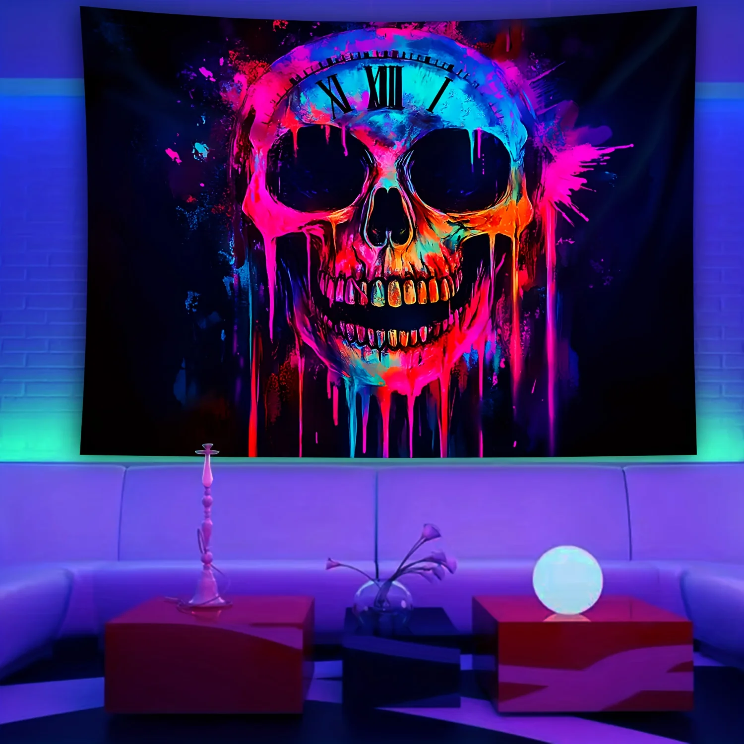 VIKAMA Halloween Gothic Wall Tapestry Neon Splashing Ink Dripping Clock Skull Colorful Graffiti Background Cloth Party Decoratio