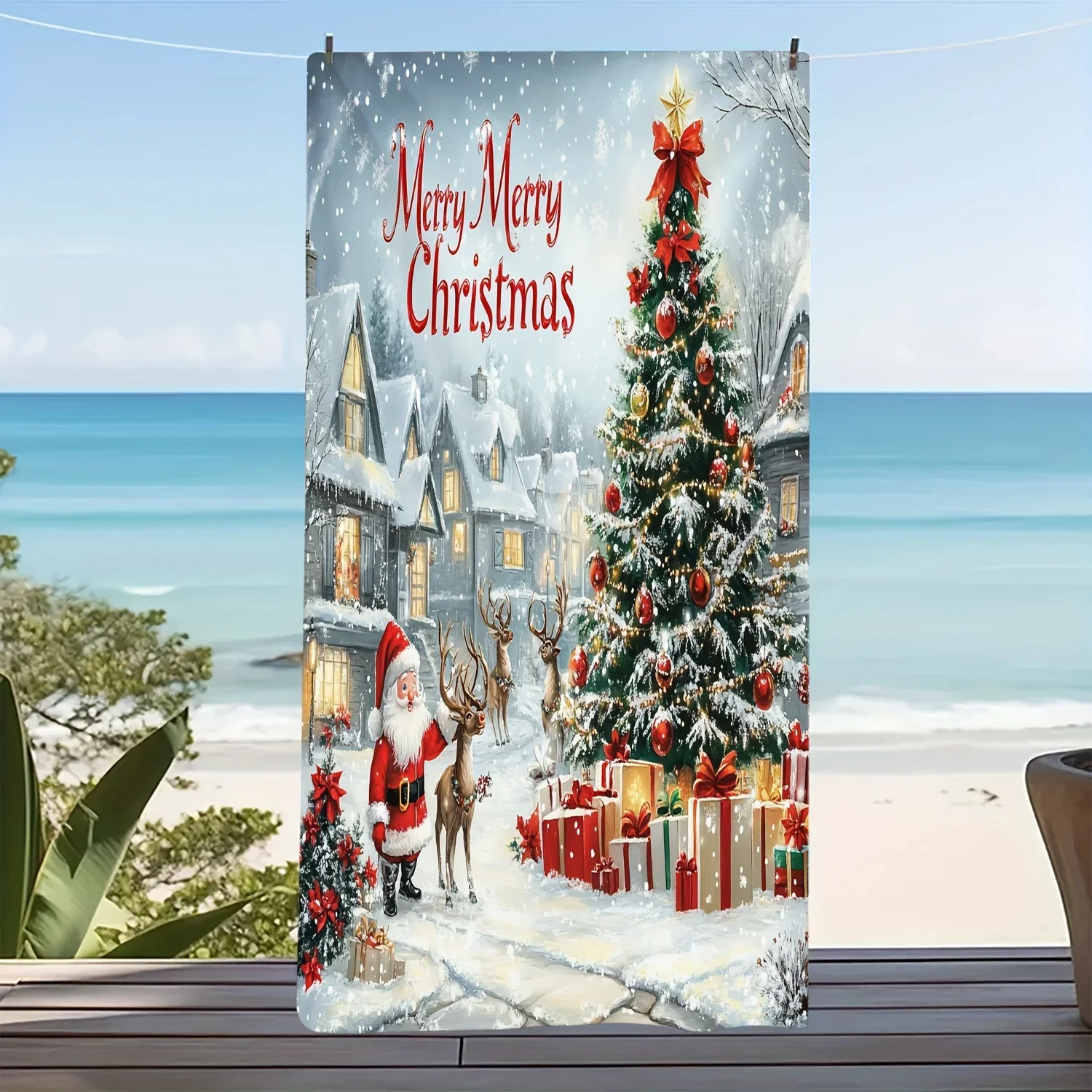 Christmas Beach Towel Santa Claus Elk Xmas Tree Print Large Bath Towel Holiday Swimming Pool Travel Beach Blanket Christmas Gift