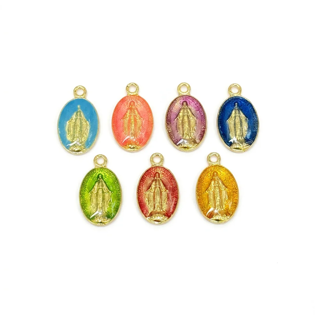 10Pcs Colorful Enamel Oval Miraculous Medal Charms Gold Plated Virgin Mary Religious Pendants For Rosary DIY Handmade Jewelry