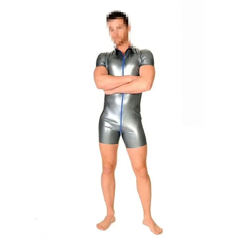 Sexy Black Short Sleeve Mens Latex T-Shirt Turn-down Collar Rubber Catsuit