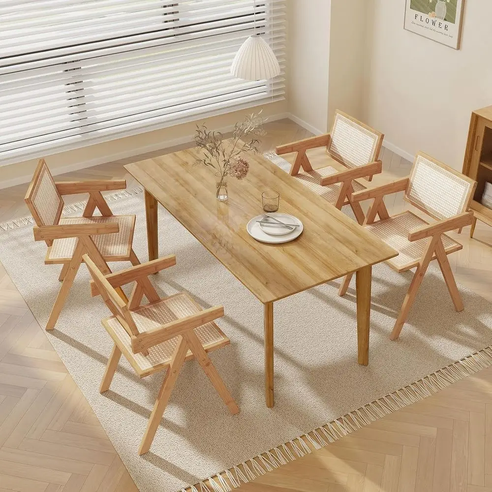Rattan Dining Chairs Set o 4, Boho Cane Living Room Chairs, Max Load 330 Lbs, Wooden Dining Chairs, Bamboo Accent Armchair or Li