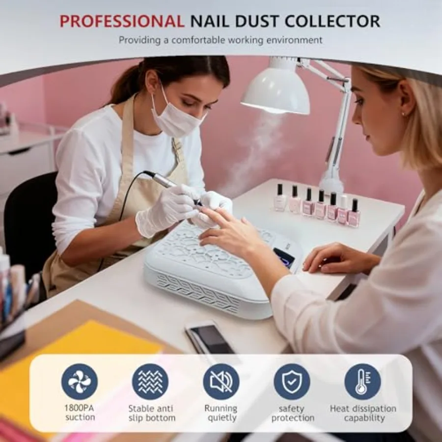 Cordless Nail Dust Collector 1800PA Powerful Quiet Suction for Acrylic Nails Polishing Rechargeable 6600mAh Battery with LED Di