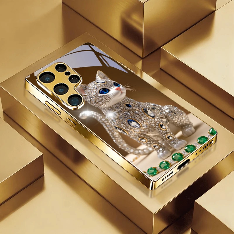 Diamond Glow Art Golden Phone Case For Samsung A50/A51/A52/A53/A54/A55/A56/A57/A71/A72/A73/A31/A32/A34/A36/A37/A30s Glass Cover