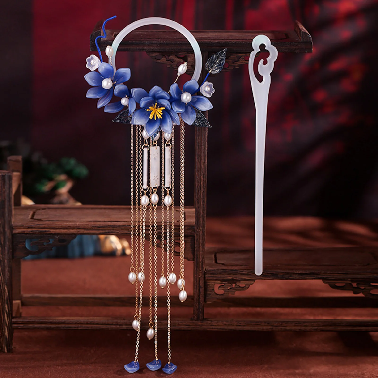 

Glazed Glass Vintage Hair Sticks Hair Ring Tassel Flower Hair Styling Accessories with Hair Ring for Party Outfit Cloth Matching