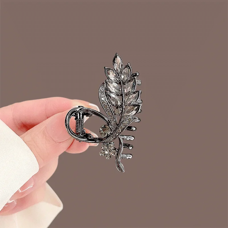 Exquisite Black Color Rhinestone Wheat Hair Claw High-end Women's Back Head Half-tie Hair Gripper Temperament Metal Hair Clip