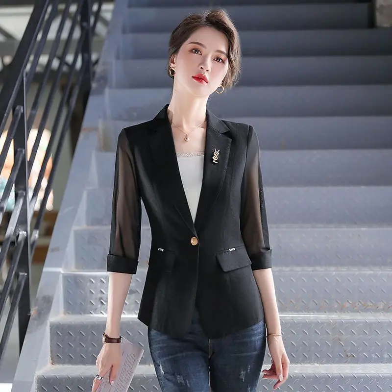 Thin Spring Summer Office Lady Fashion Notched Business Casual Pocket Solid Skinny Simple Three Quarter Sleeve Women\'s Clothing