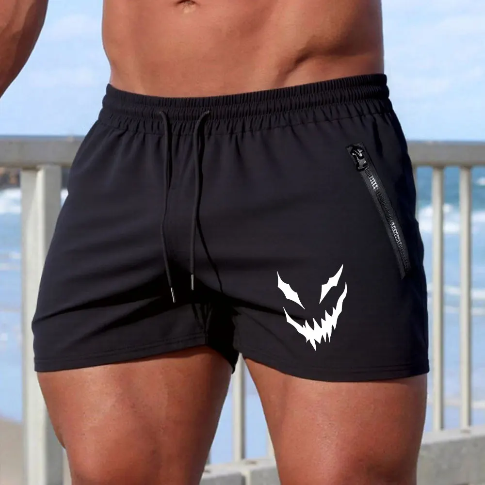Men's Smiley Face Print Swim Shorts Summer Casual Beach Board Shorts For Men Quick Dry Running Fitness Gym Shorts Zipper Pocket