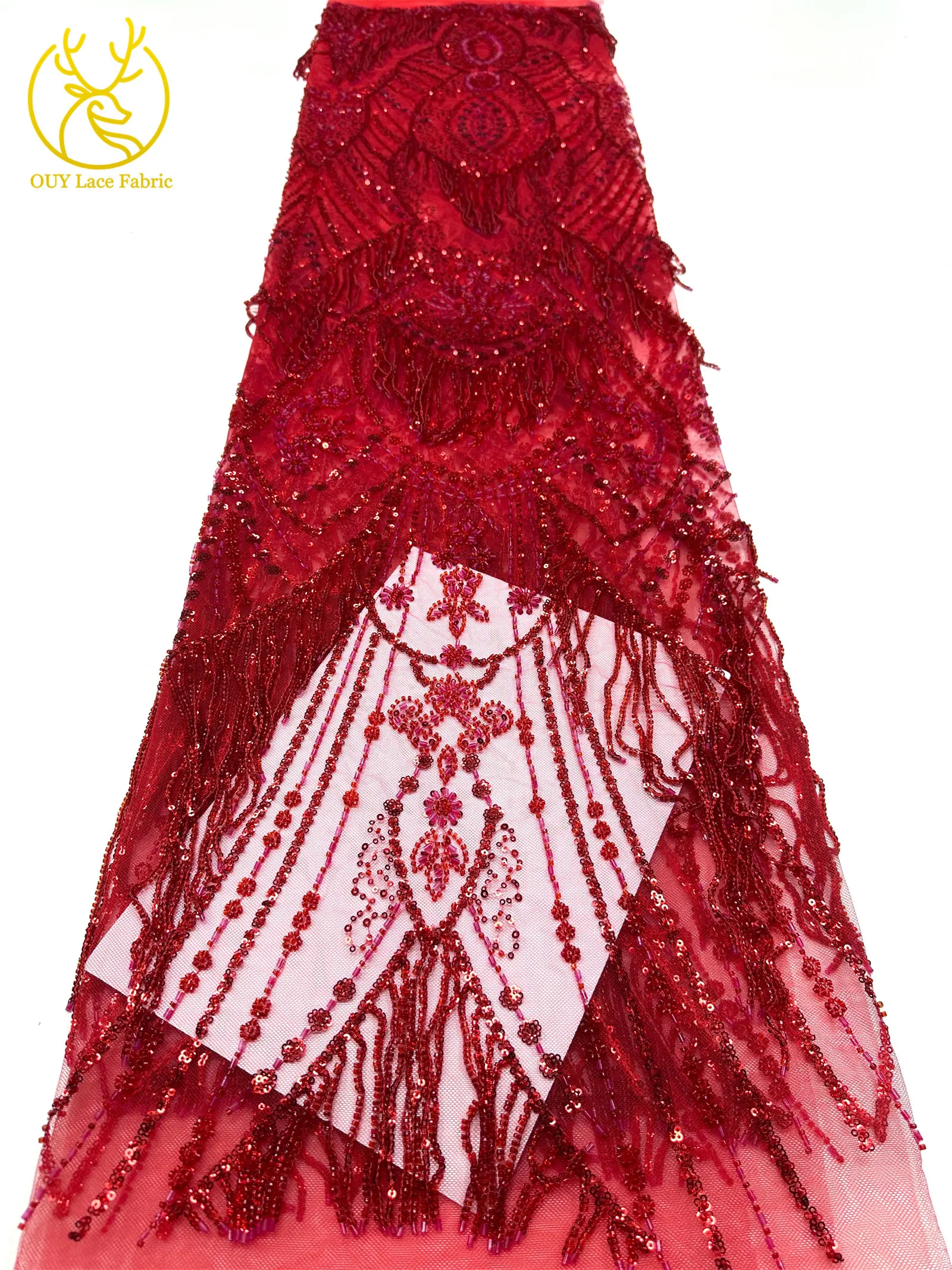 Roter 3D afrikanischer nigerianischer Perlen-Spitzenstoff, französischer Pailletten-Tüll, bestickter Spitzenstoff für Damen, Hochzeitsdekoration, Kleid, Nähen – Detail 24