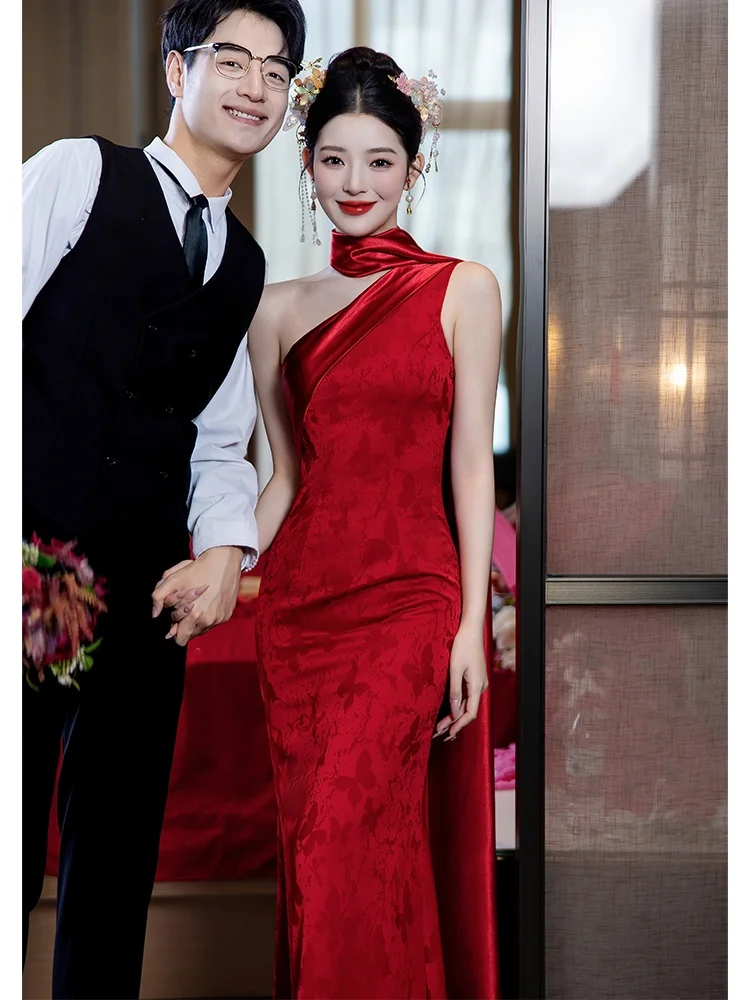 

Red Satin Long Wedding Dr Ele Fem Ceremony Dr Luxury Sensation Marriage Gown Ele Sle mid Waist Fi Tail