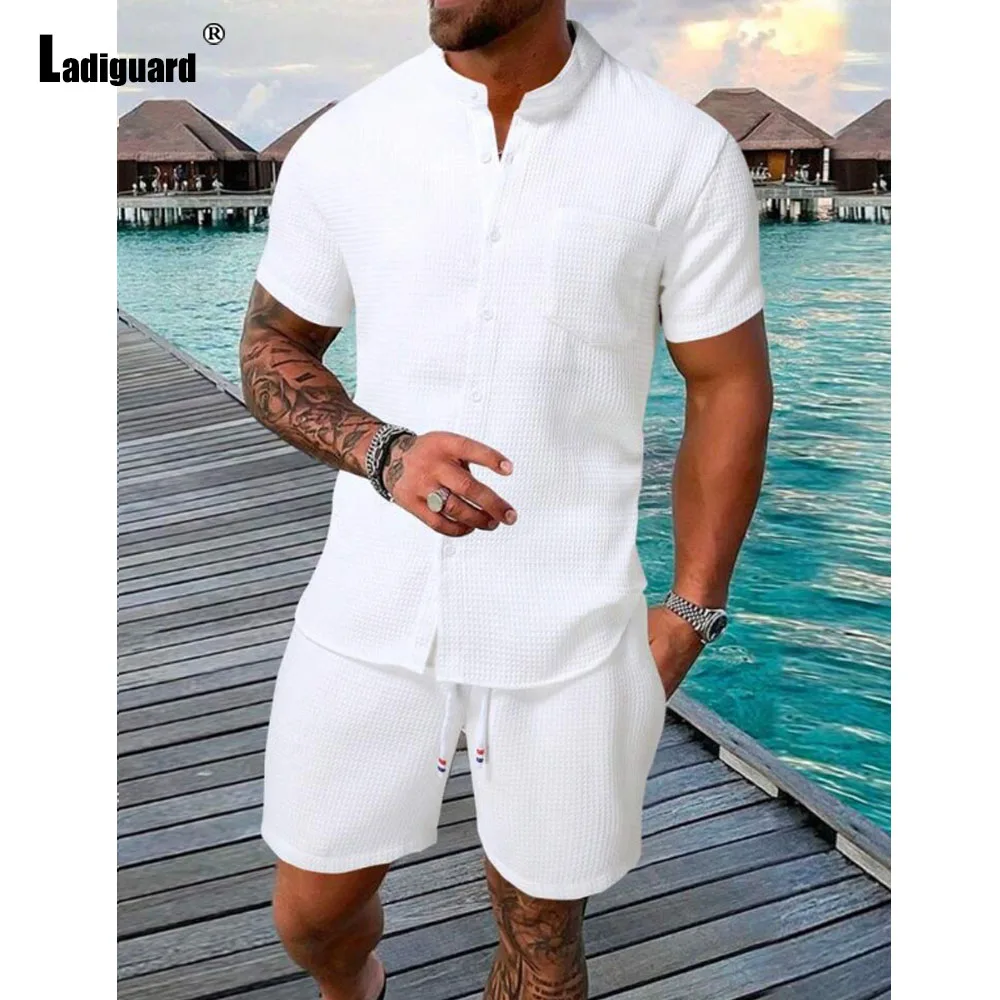 

2025 Mens Casual Beach Two Piece Sets Men Vintage Notched Basic Tops and Solid White Board Shorts Suit Male Tracksuits Set New
