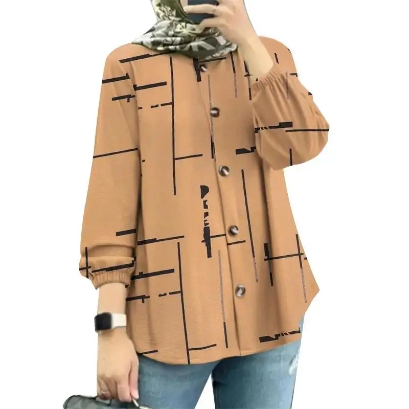 2025 Summer Fashion Muslim Blouse For Women Simple Style Striped Pattern Button Design Easy To Match