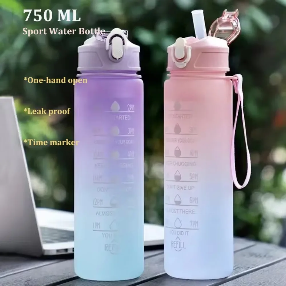 750ML Outdoor Sport Water Bottle Large Capacity Plastic Straw Cup with Time Marker Portable Gym Fitness Jugs Kawaii Water Bottle