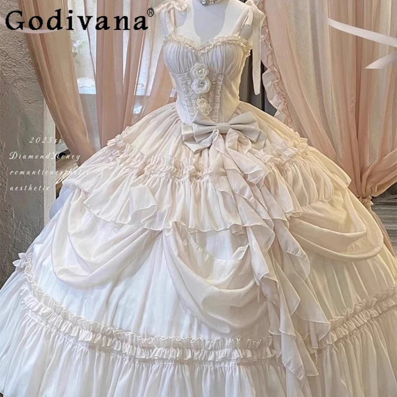 

Lolita Bridal Dress for Women Summer High Waist Birthday Party Long Dress Gentle Lady Sleeveless Bow Design Sweet Dress