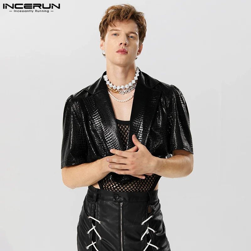 INCERUN Tops 2024 American Style New Men\'s Texture Reflective Fabric Design Blazer Casual Short Sleeved Cropped Suit Coats S-5XL