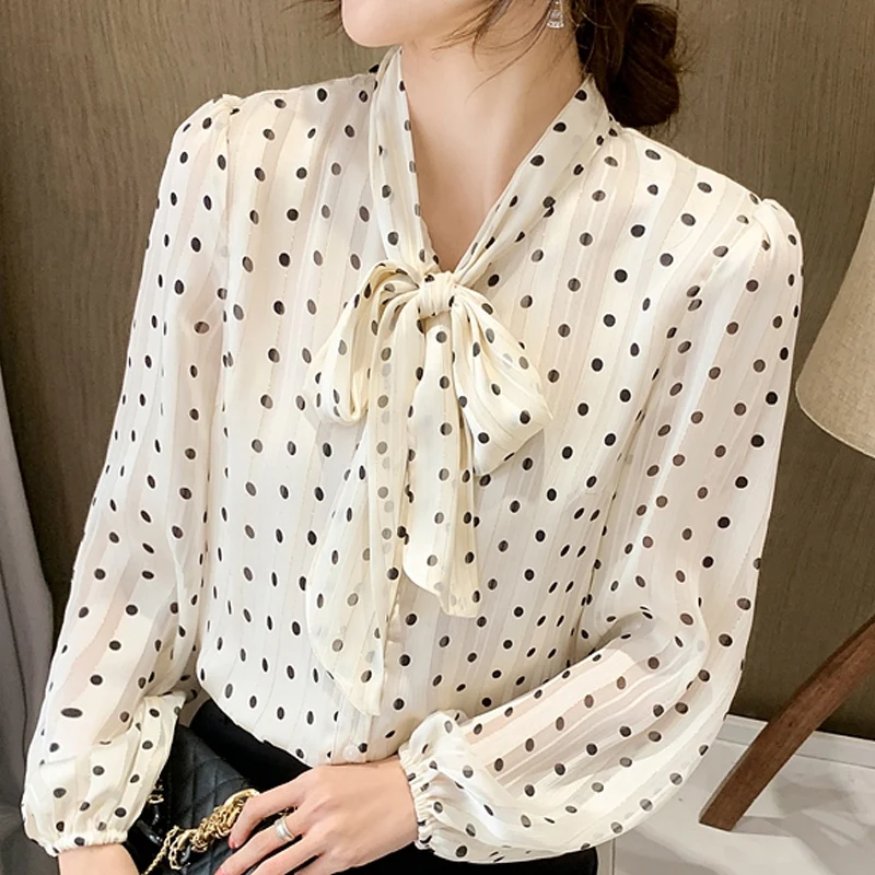 

Spring Long Sleeve Dot Chiffon Blouse Shirt Tops Blusas Mujer De Moda 2024 Bow V-Neck Blouse Women Tops Blusa Women Blouses E328