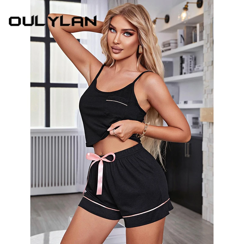 Conjunto pijama de 2 peças para mulheres, alça sexy, shorts finos, roupa de dormir respirável para senhoras, roupas domésticas, verão