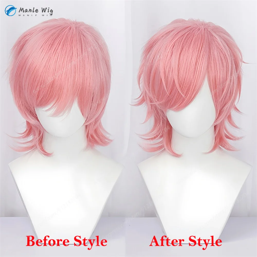 Wig Cosplay Ayato Yuri 40Cm Wig Keriting Merah Muda untuk Pria Kostum Cosplay Wig Anime Rambut Sintetis Tahan Panas Halloween + Topi Wig