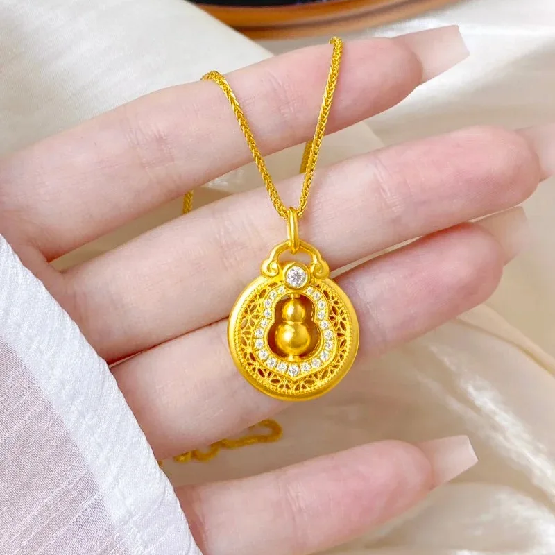 

9999 24K real gold diamond-inlaid hoist Fulu joint pendant necklace new style gourd pendant ornament