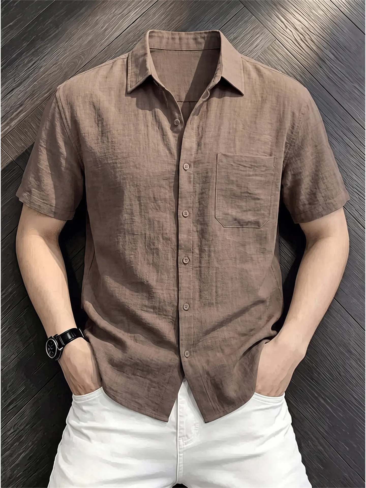 Lightweight Linen Short Sleeve Shirt Men's Summer Casual Loose Fit Breathable Drapey Style Brown Coffee Color Lazy Style Shirt