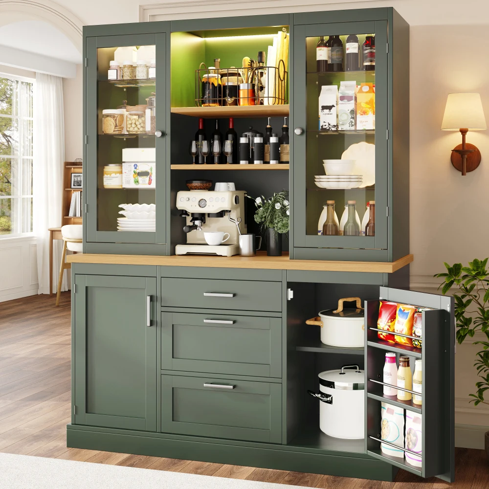 Keukenkast met app-gestuurde LED-verlichting, 185x140x40cm, 3 laden, aanrechtblad en verstelbare planken, zwart/wit/groen