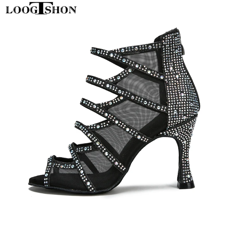 LOOGTSHON-zapatos de tacón para mujer, sandalias plateadas con plataforma, con diamantes de imitación, para baile en interiores