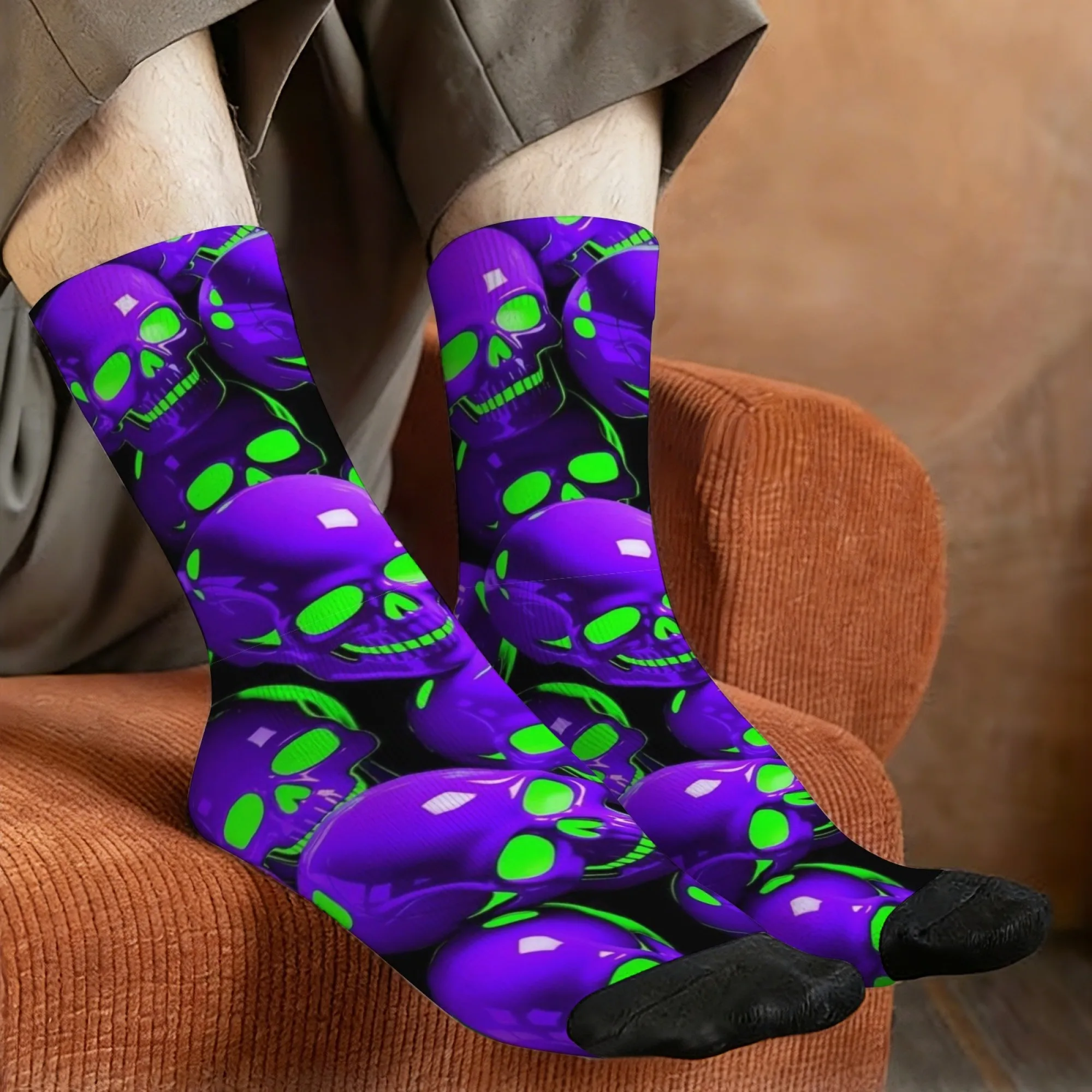 Neon Purple Skull Socks Stretchy Lightweight Comfortable Daily Wear Men's Cycling Hiking Music Festivals Novel Compression Socks