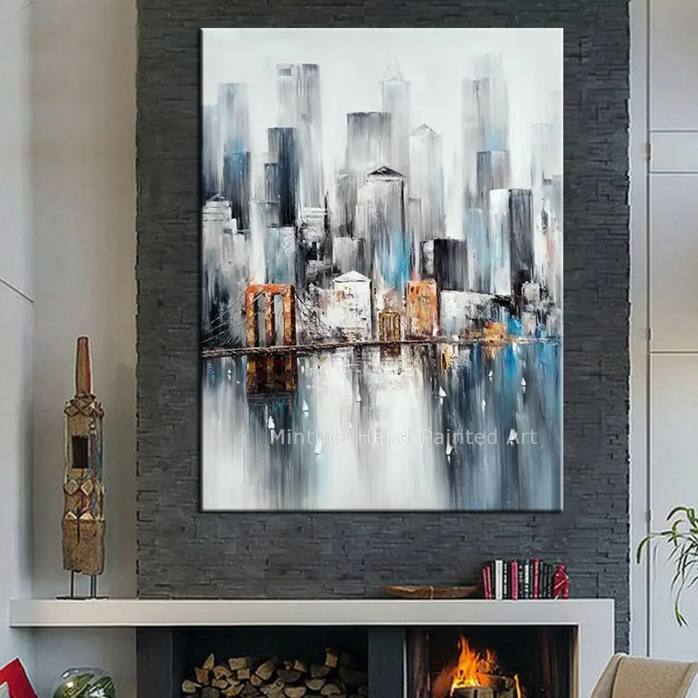 Mintura,Artwork Large Handpainted New York Bridge Landscape Oil Paintings On Canvas,Wall Arts Pictures Office Dinning Home Decor