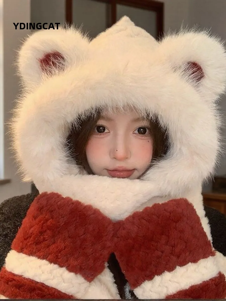 暖かいクマの顔の形をした帽子、スカーフ、手袋のセット-女性用-かわいい冬用アクセサリー-通気性のある素材-サイクリングウェア-3点セット