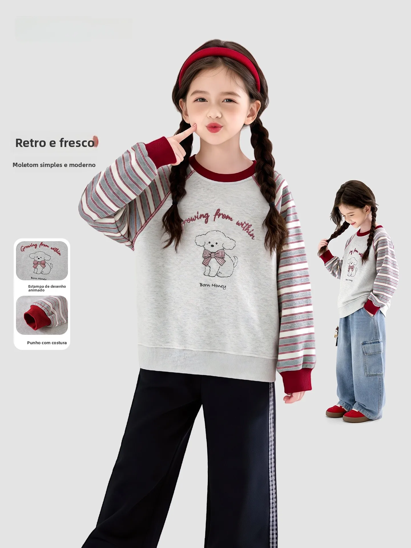 春のファッショナブルなチェック柄カジュアルラウンドネックスウェットシャツ女の子用子供服快適なルーズフィット長袖トップス