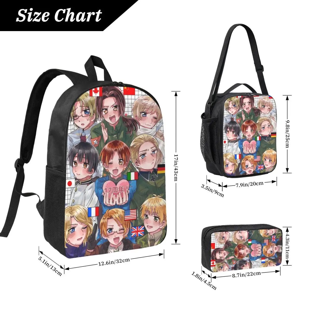 Hetalia Group World Stars Backpack Student Boy Girls BookBag School Bag Laptop Shoulder Bags 3ps Insulated Lunch Bag Pencil Case