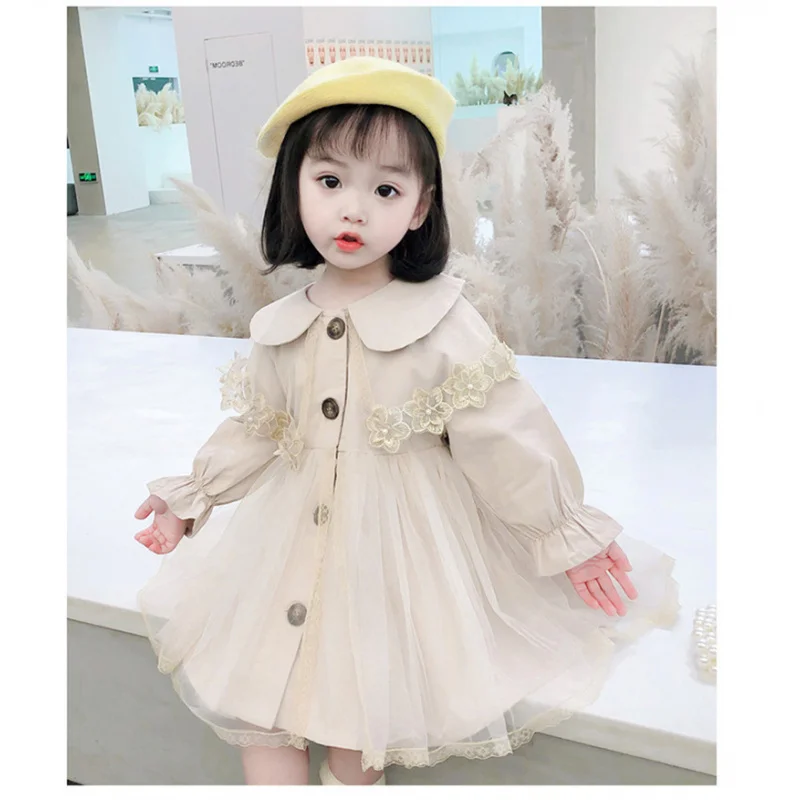 

Girls' Trench Coat Jacket Spring Autumn New Children's Doll Collar Mesh Dress Baby Girl Mid-Length Top