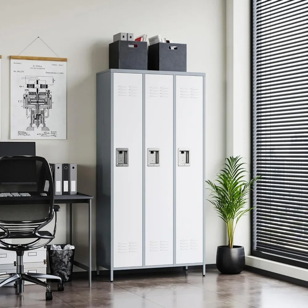 YQXH Casilleros de metal para empleados - Armario de almacenamiento de 3 puertas con estantes y gabinete de acero con cerradura para escuela, gimnasio, oficina