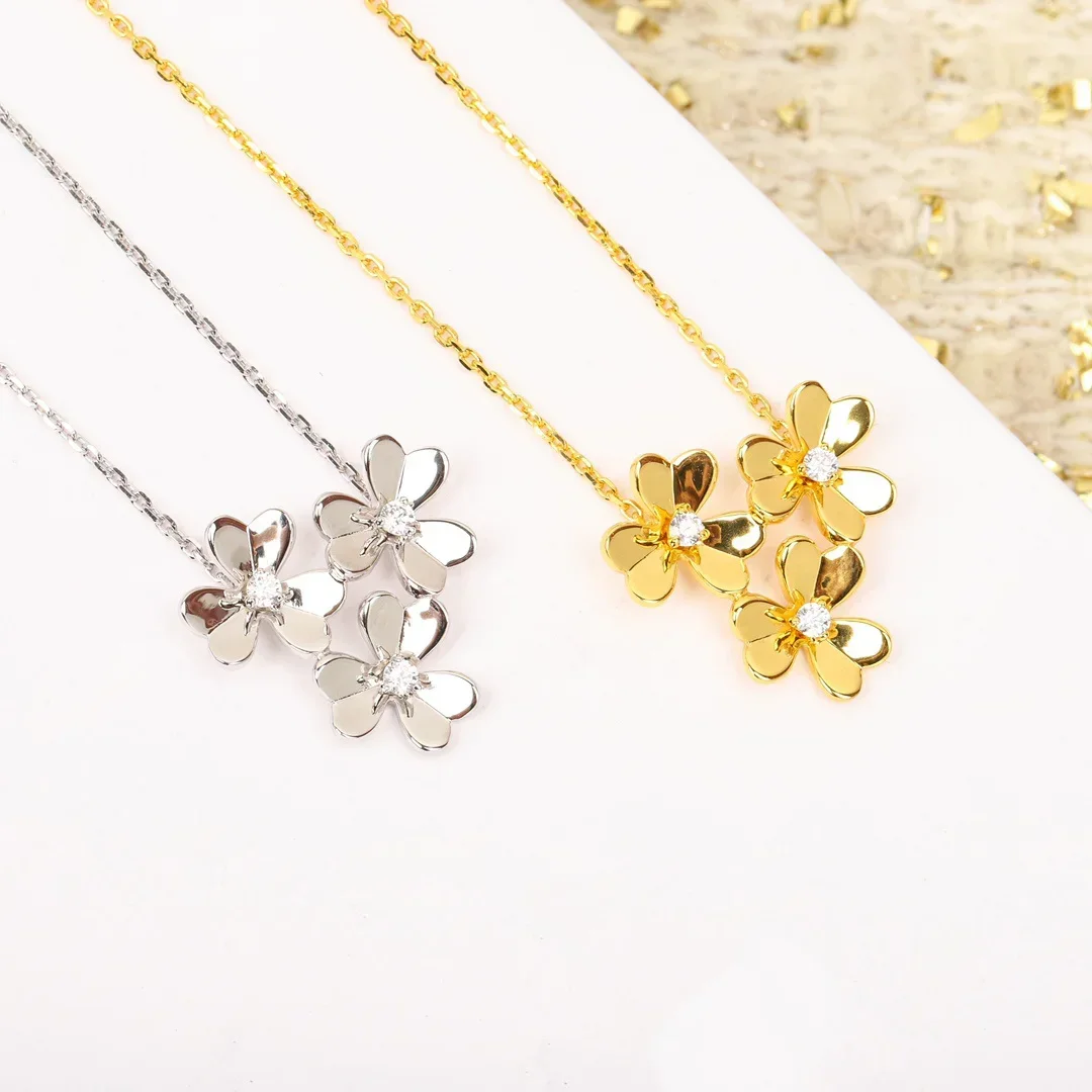 

Famous Top Quality 925 Sterling Silver Gold Clover Three Flowers Necklace Women Designer Brand Jewelry Trend