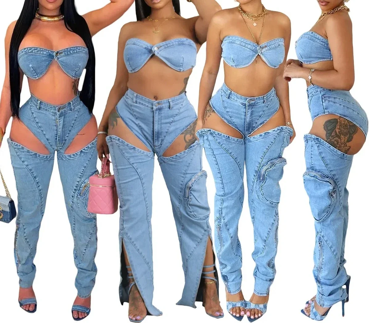 

Denim Pants Sets for Women 2025 Sexy Streetwear Two Piece Set Outfits Chest Wrap Sleeveless Backless Top Hollow Out Jeans