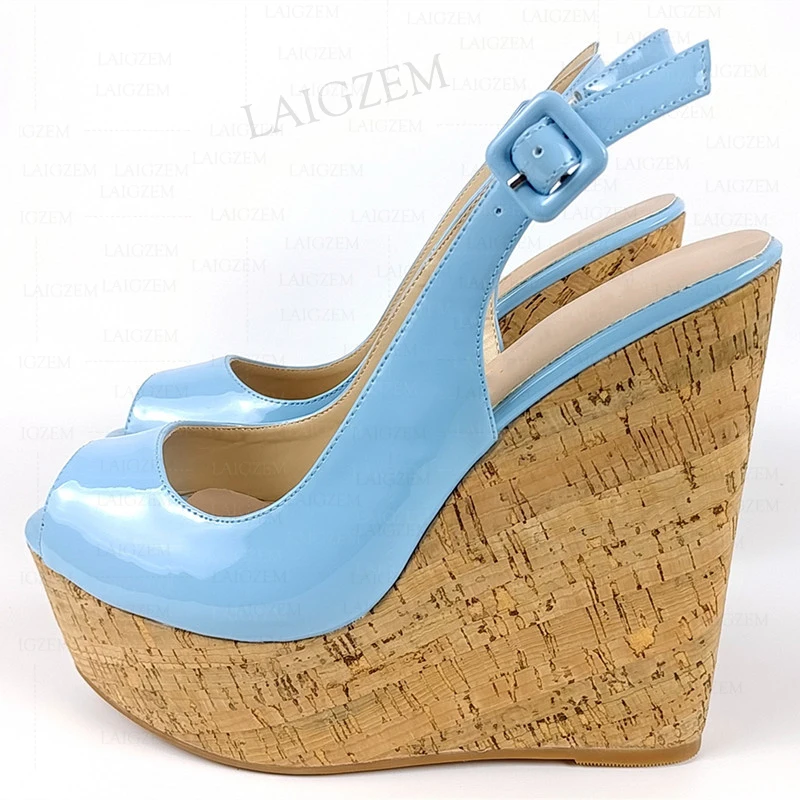 BERZIMER Women Pumps Platform Wedges Slingbacks Open Toe Sandals Handmade Ladies Height Increase Shoes Woman Large Size 41 45 52