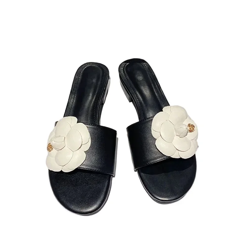 Women's Camellia Design Slippers, Low Heel Summer Sandals, Metal Flower Slippers, 2024