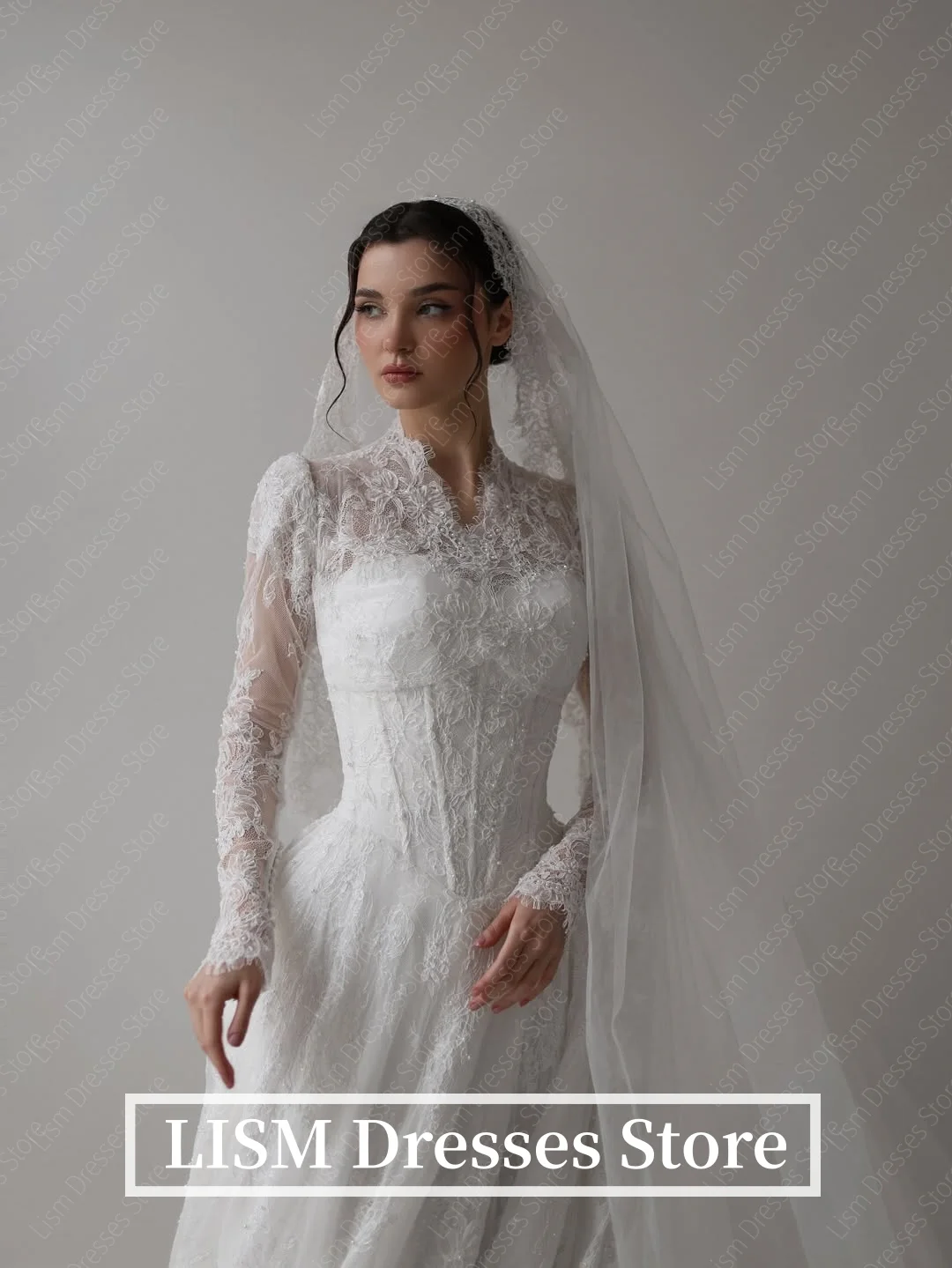 Lism luxo feminino vestidos de casamento alta pescoço mangas completas renda de seda elegante vestido de noiva personalizado a linha vestido de noiva 2026