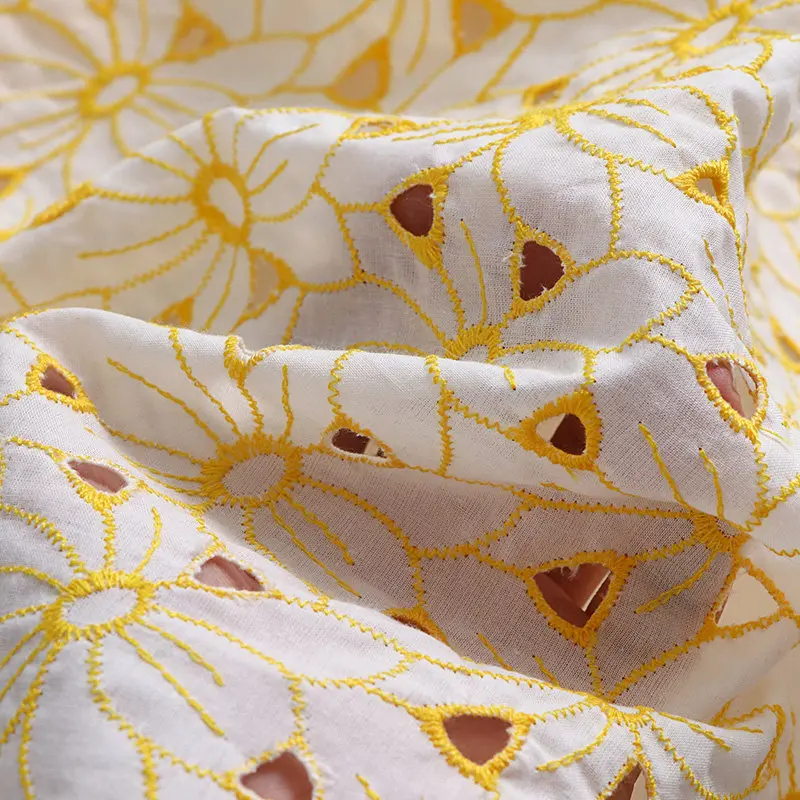 100% Cotton Embroidered Eyelet Lace Fabric Yellow Hollow Out Floral Soft Summer Lightweight Breathable Dress Custom DIY Sewing view 4